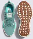 A pair of Vans UltraRange EXO shoes in green color, showcasing the side profile with the lace-up closure and the Vans logo on the heel tab.