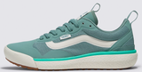A pair of Vans UltraRange EXO shoes in green color, showcasing the side profile with the lace-up closure and the Vans logo on the heel tab.