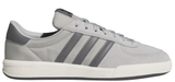 Gray Adidas sneaker with three stripes on a white background