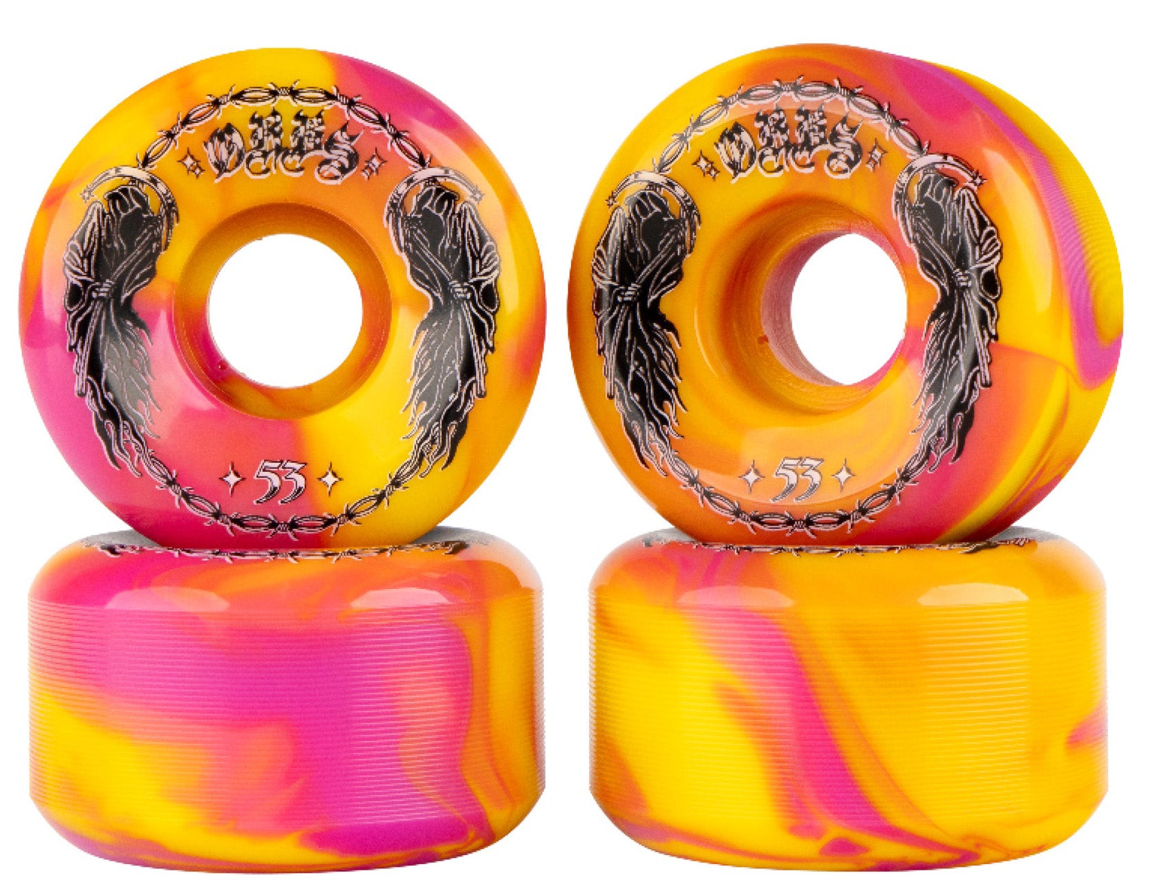 ORBS SPECTERS SOLID53mm99Aピンクスケートボードウィール Orbs - Specters 53mm 99a Wheels | Pink Yellow Swirl