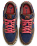 Pair of Nike SB sneakers with brown, blue, and pink color scheme on a white background